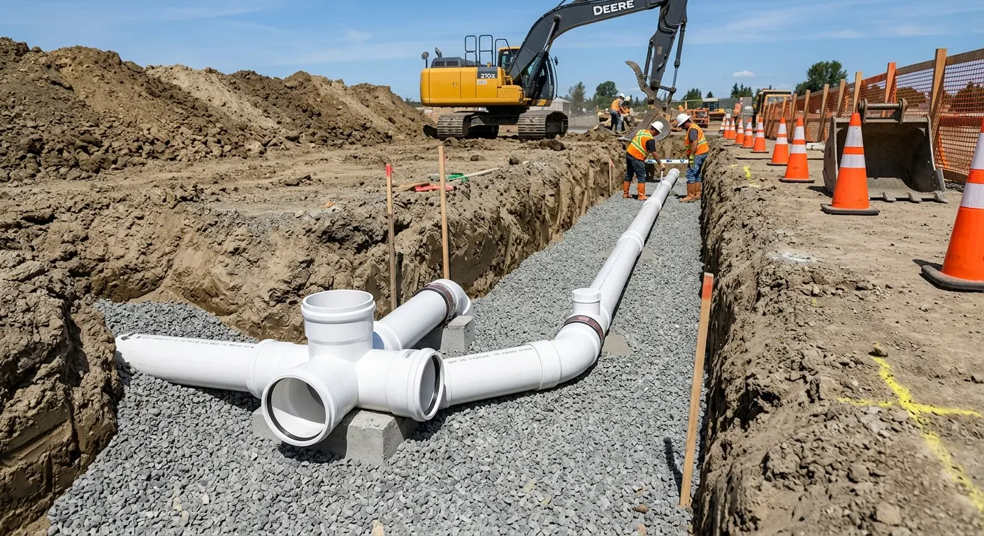 New PVC sewer pipe installation in open trench for Commercial Drain Cleaning in Severn