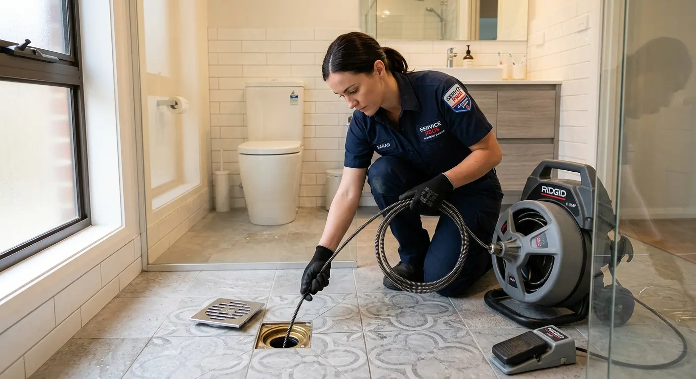 Technician clearing a bathroom floor drain for Clogged Drain Repair in Severn